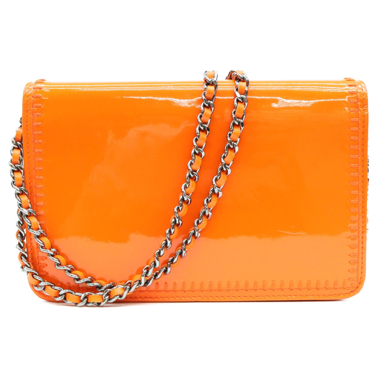 CHANEL シャネル 19番台 オレンジ ココマーク ステッチ パテント チェーンウォレット ショルダーバッグ
