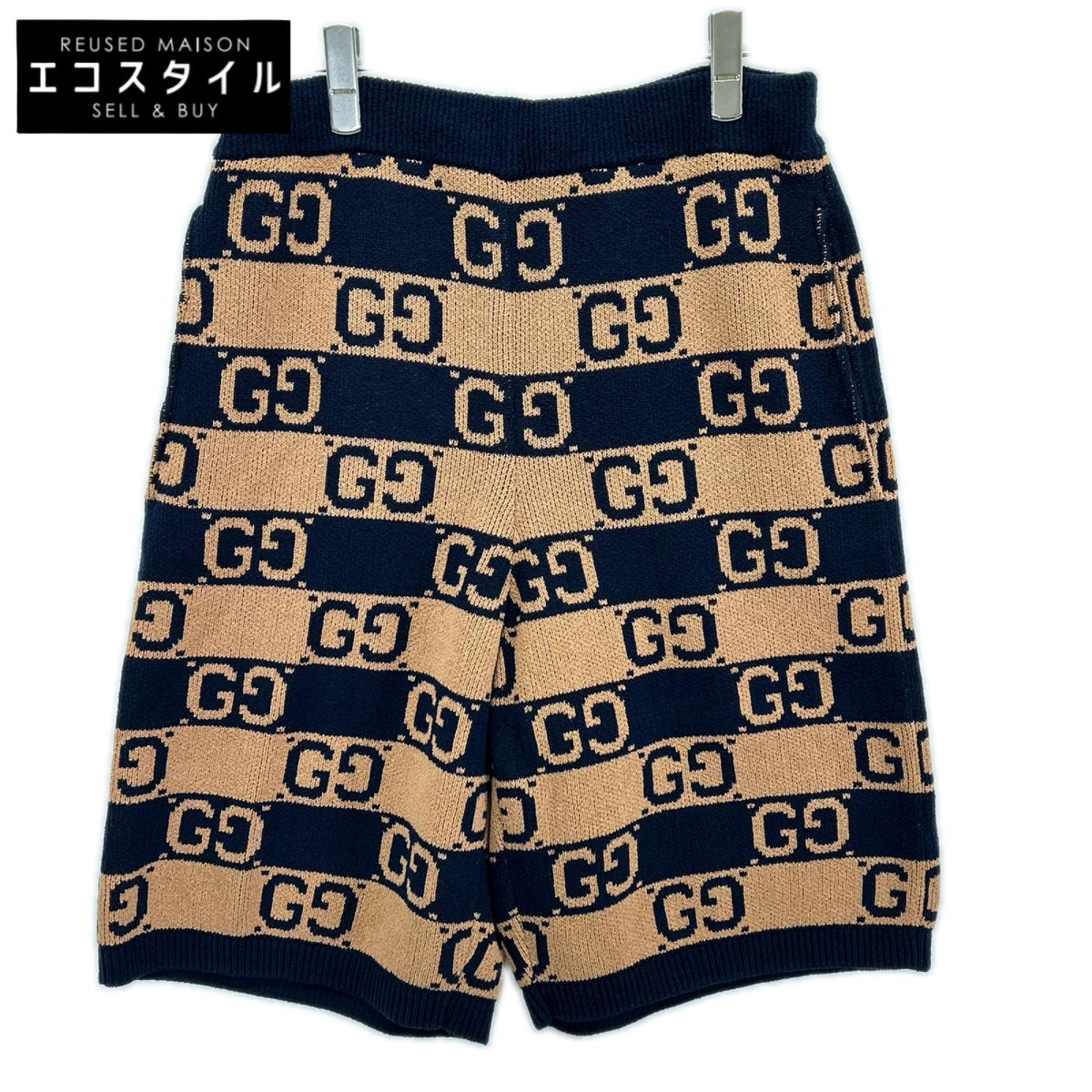 GUCCI グッチ 752098 ブラウン×ネイビー GGコットンジャガードニット ハーフパンツ ボトムス