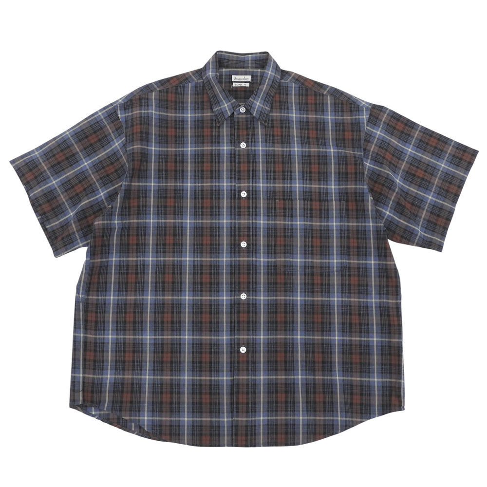 steven alan スティーブンアラン 美品 RETROCHECK REGULAR COLLAR 半袖 シャツ トップス メンズ ブルー×ブラウン M トップス