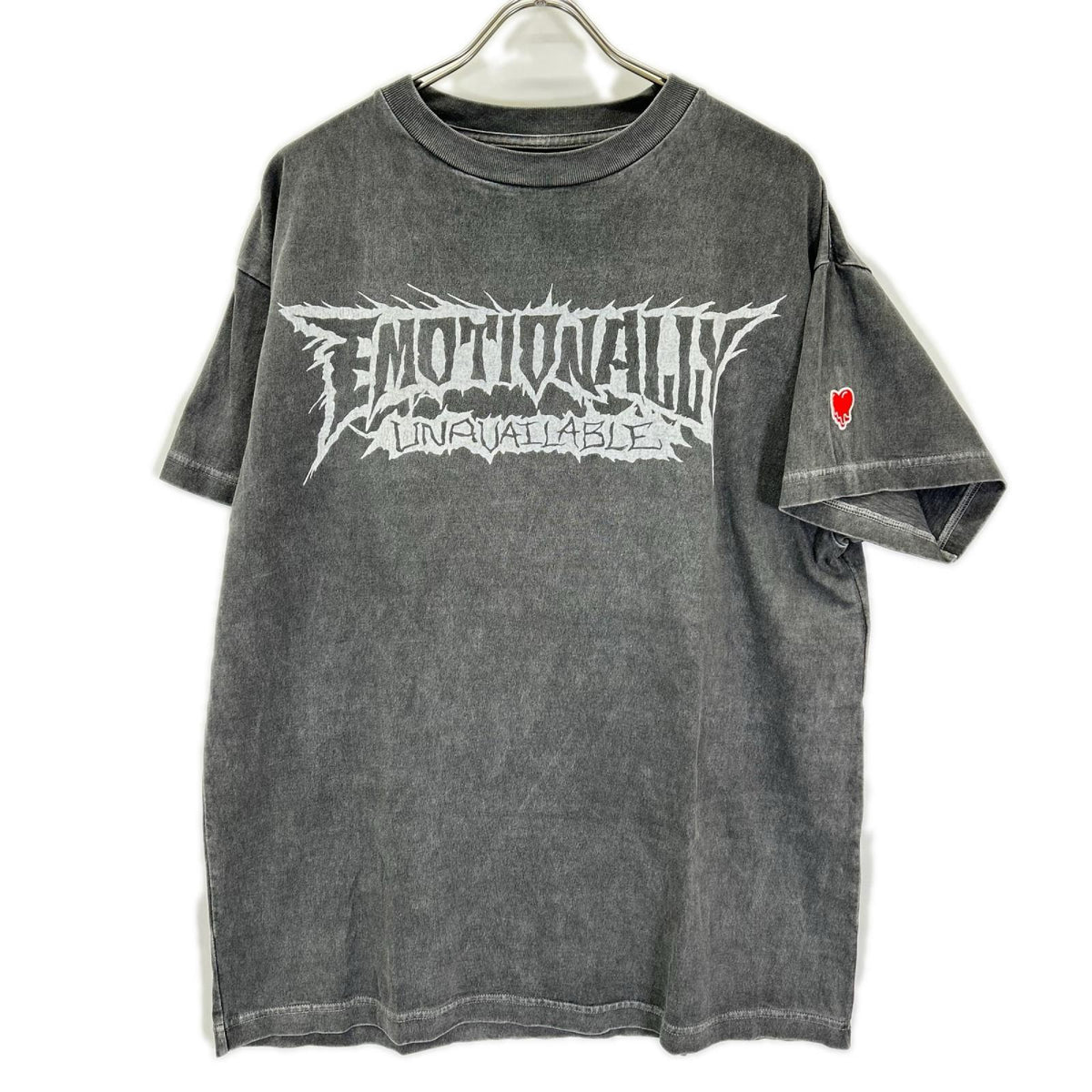 EMOTIONALLY UNAVAILABLE エモーショナリーアンアベイラブル グレー ロゴ ダメージ加工 Tシャツ トップス