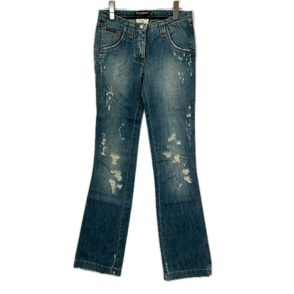 DOLCE&GABBANA ドルチェアンドガッバーナ F353TD ライトブルー レオパードロゴパッチ フレアダメージパンツ ボトムス