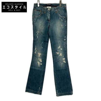 DOLCE&GABBANA ドルチェアンドガッバーナ F353TD ライトブルー レオパードロゴパッチ フレアダメージパンツ ボトムス