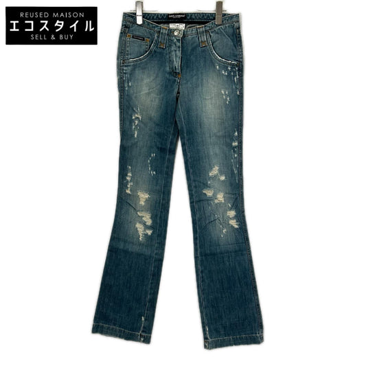 DOLCE&GABBANA ドルチェアンドガッバーナ F353TD ライトブルー レオパードロゴパッチ フレアダメージパンツ ボトムス