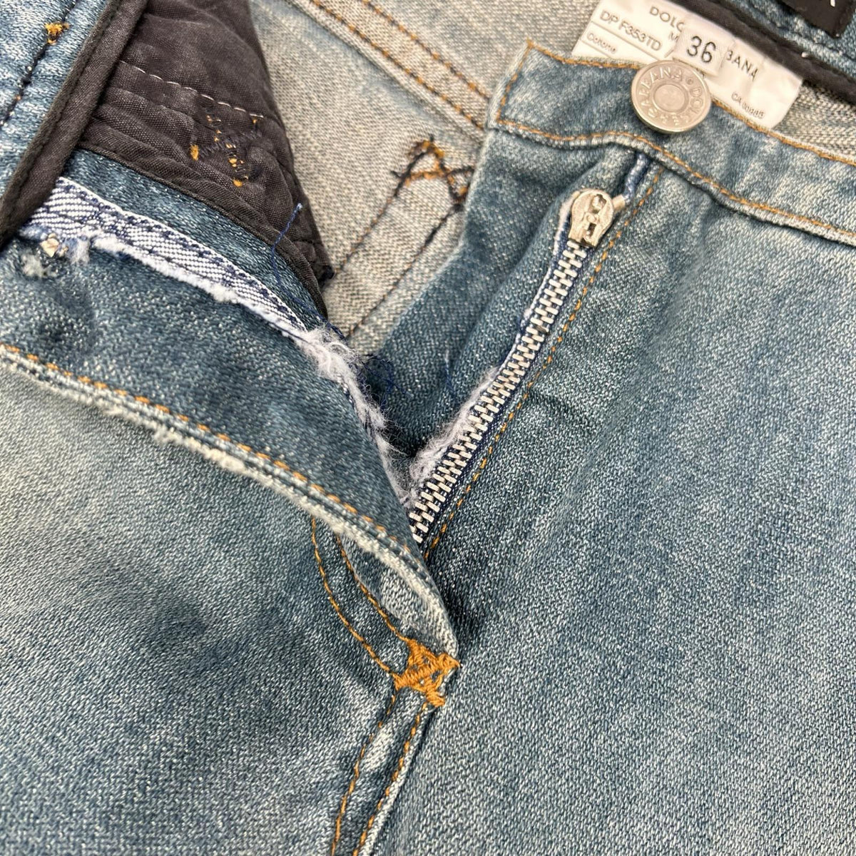 DOLCE&GABBANA ドルチェアンドガッバーナ F353TD ライトブルー レオパードロゴパッチ フレアダメージパンツ ボトムス