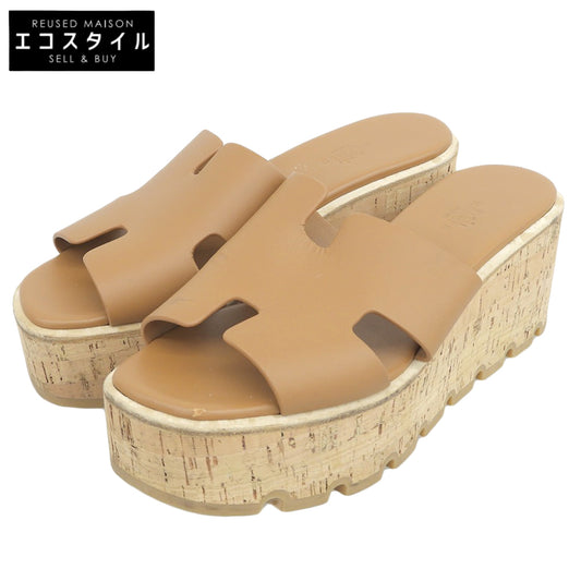 HERMES Ezra 30 Leather H-Cutout Cork Platform Sandals Women's Natural 38 Shoes