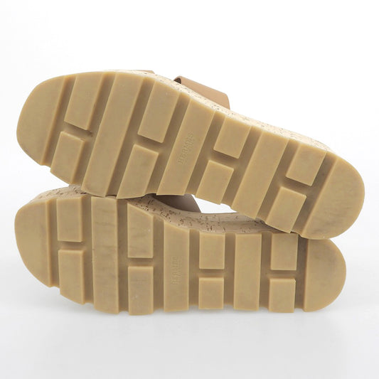 HERMES Ezra 30 Leather H-Cutout Cork Platform Sandals Women's Natural 38 Shoes