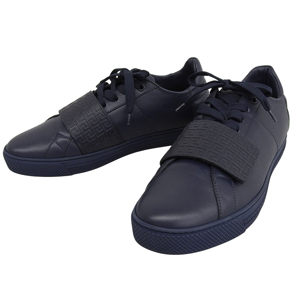 Versace ヴェルサーチ 美品 レザー ベルクロ付きスニーカー シューズ メンズ ネイビー 26.7cm シューズ 40