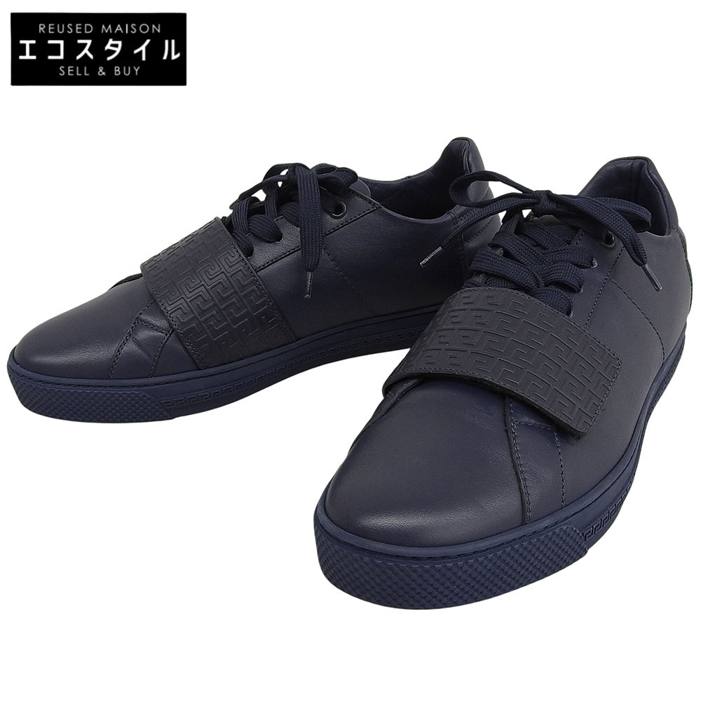 Versace ヴェルサーチ 美品 レザー ベルクロ付きスニーカー シューズ メンズ ネイビー 26.7cm シューズ 40