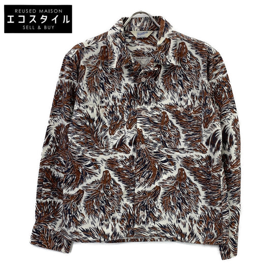 TENDERLOIN Brown Cotton Wolf Pattern Long Sleeve Open Collar Shirt Top