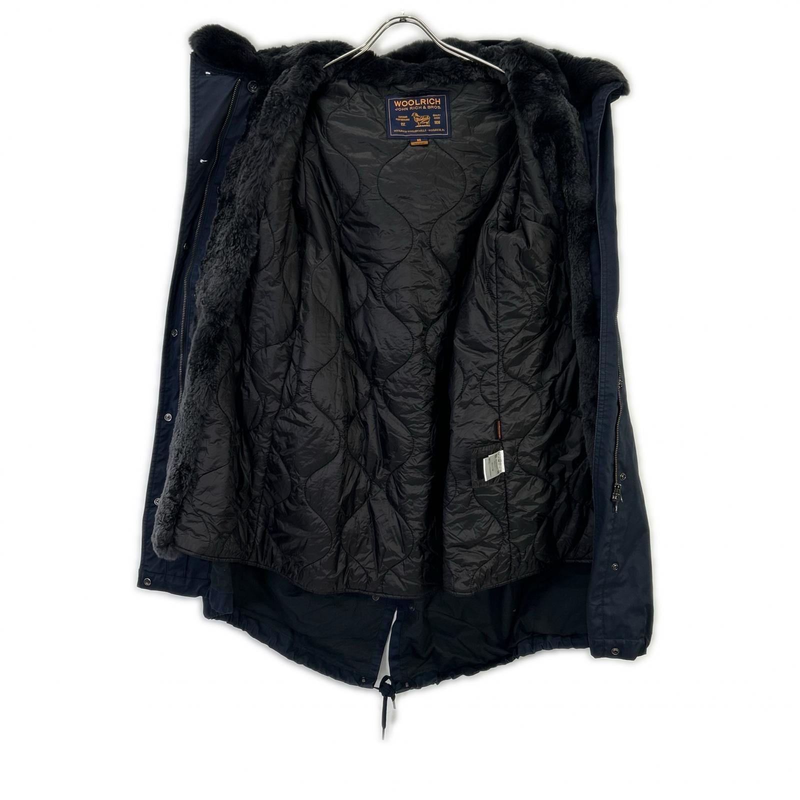 WOOLRICH 紺ネイビーラビットファー中綿ライナーモッズコート正規品XS WOOLRICH ウールリッチ ネイビー ラビットファー ナイロン モッズ