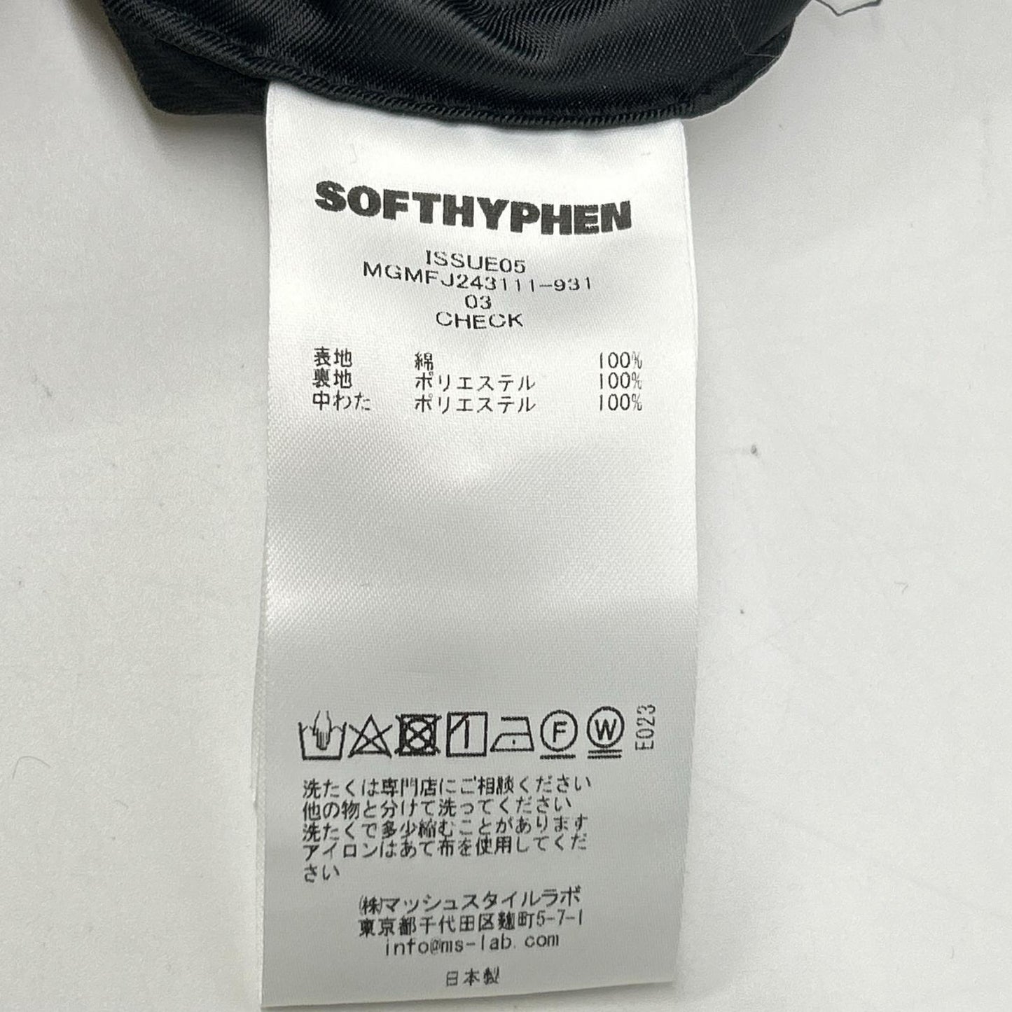 SOFTHYPHEN ソフトハイフン MGMFJ243111-931 ブラック チェック 中綿 ジャケット ジャケット