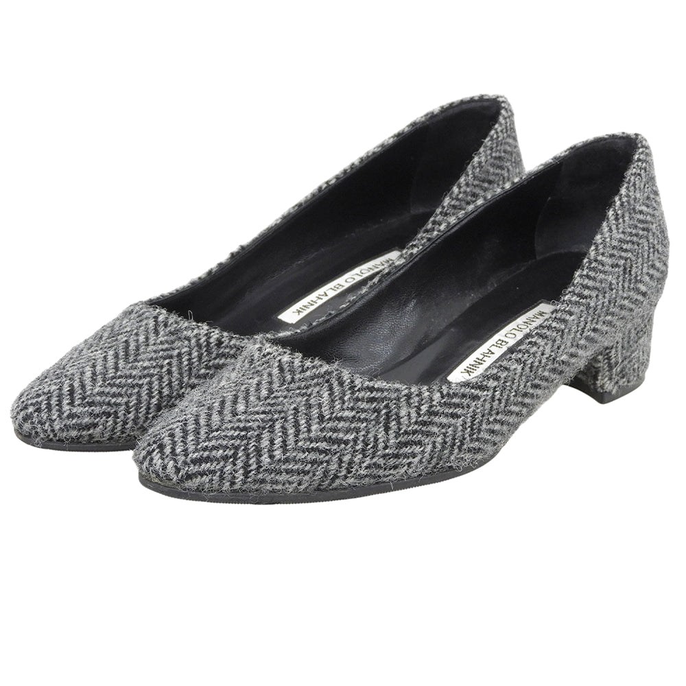 MANOLO BLAHNIK マノロブラニク LISTONY ハウンドトゥース ウール チャンキーヒール パンプス シューズ レディース 黒 ブラック 36 シューズ