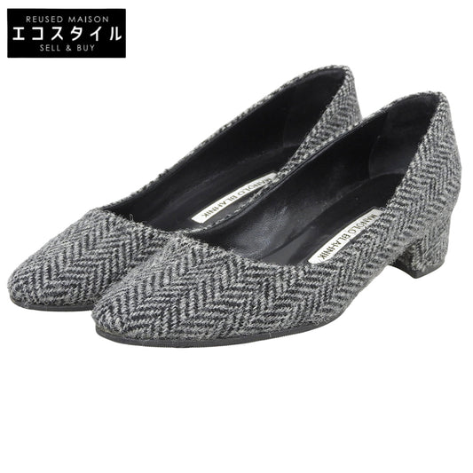 MANOLO BLAHNIK マノロブラニク LISTONY ハウンドトゥース ウール チャンキーヒール パンプス シューズ レディース 黒 ブラック 36 シューズ