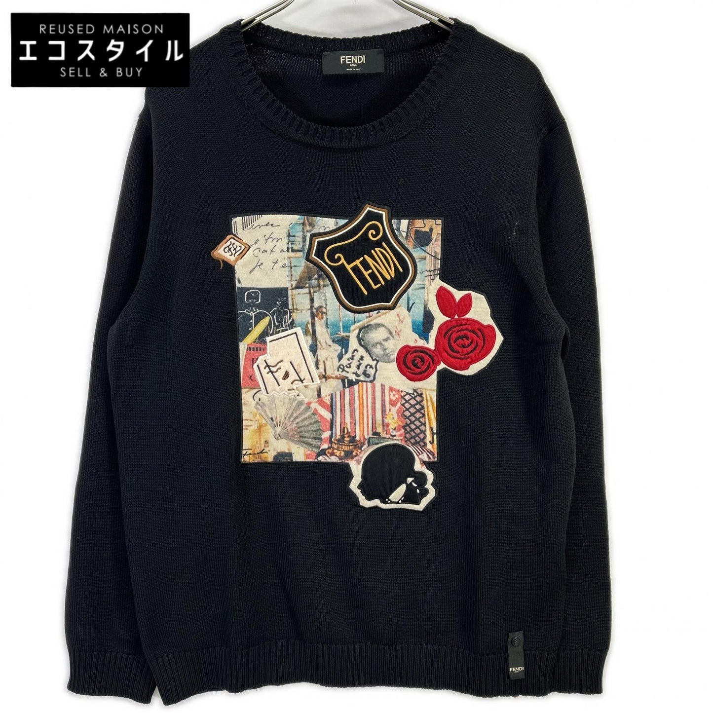 FENDI フェンディ FZY020 ブラック ワッペン クルーネックニット トップス