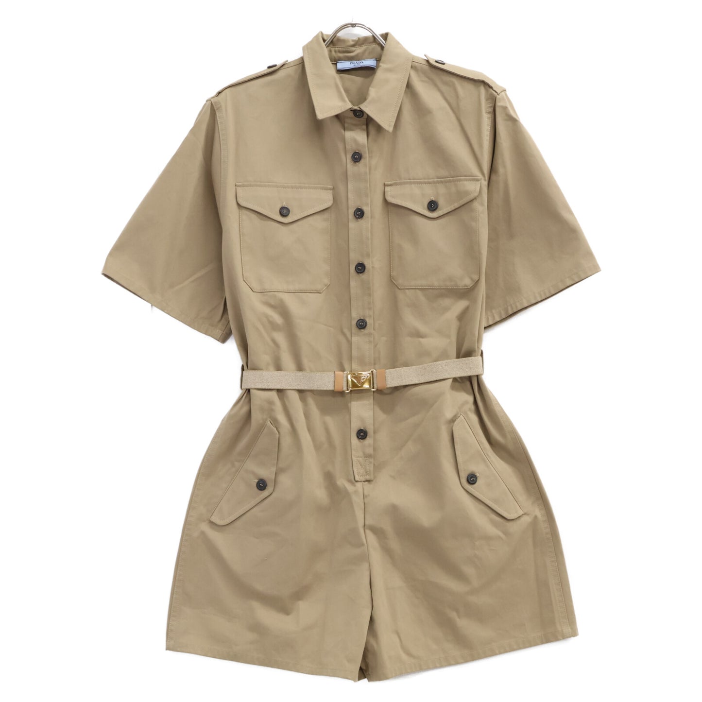 PRADA プラダ 【新品同様/国内正規/23年製】P293HT Cotton Jumpsuit トライアングルロゴベルト付 ジャンプスーツ オーバーオール オールインワン