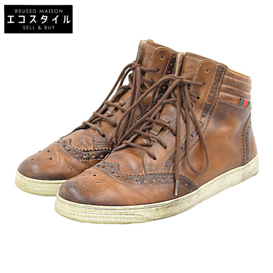 GUCCI グッチ ウイングチップ レザー ハイカット スニーカー シューズ メンズ ブラウン 6 1/2 295294 シューズ