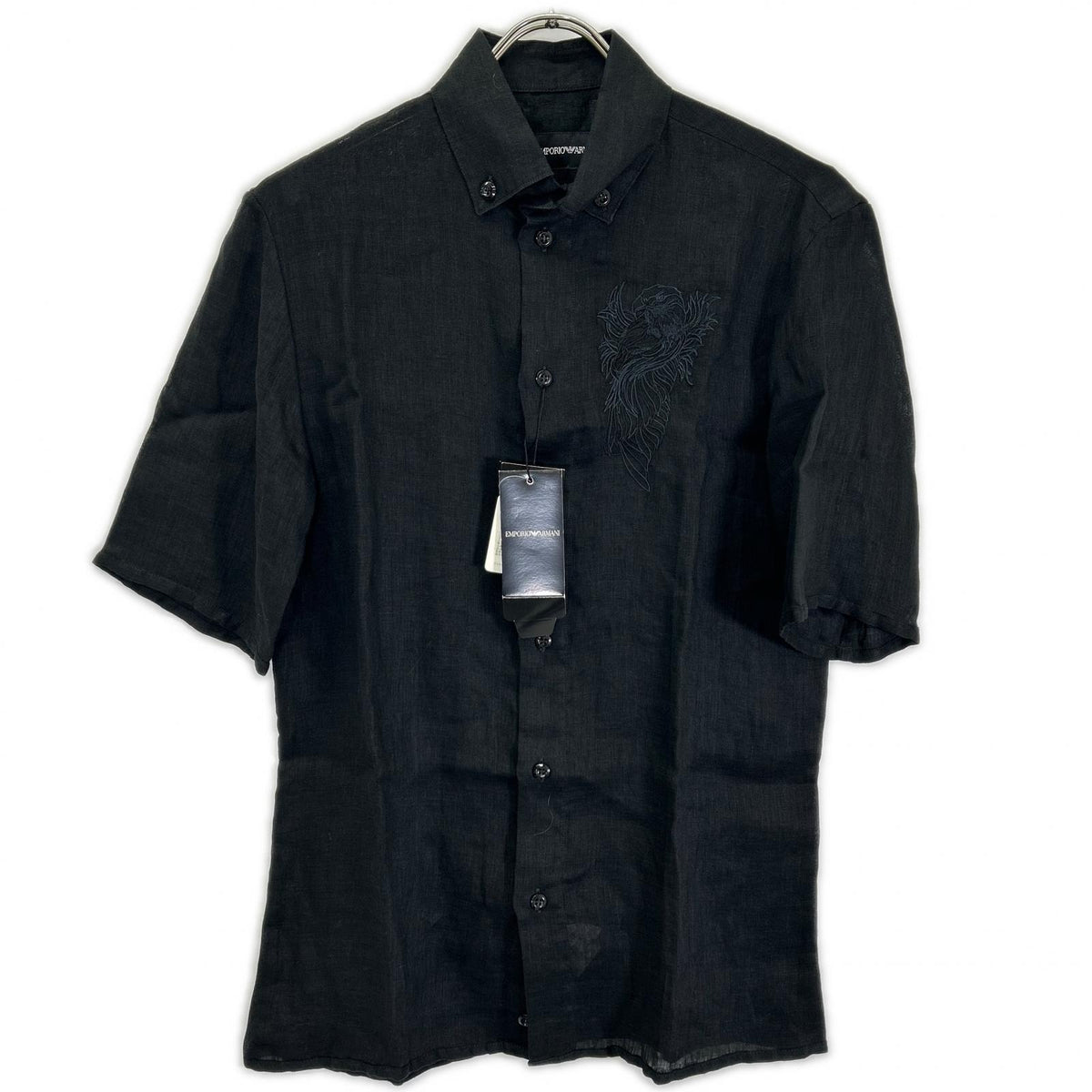EMPORIOARMANI Emporio Armani Black Eagle Embroidered Linen Short-Sleeve Shirt Top