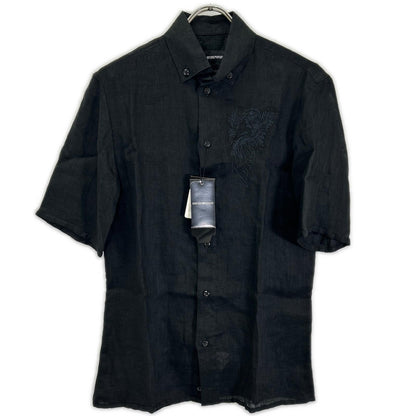 EMPORIOARMANI Emporio Armani Black Eagle Embroidered Linen Short-Sleeve Shirt Top