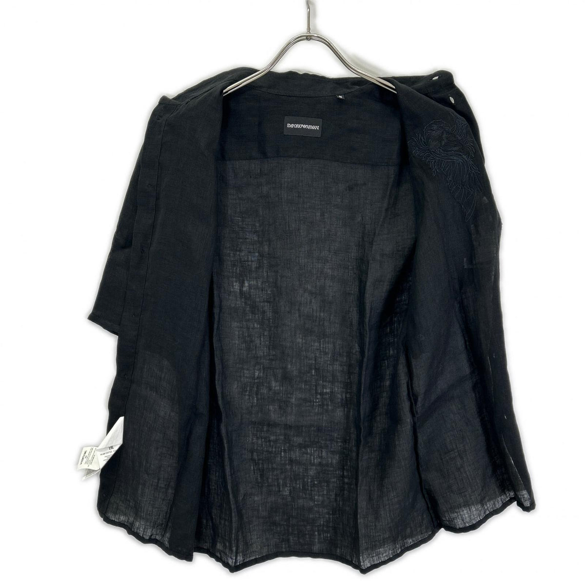 EMPORIOARMANI Emporio Armani Black Eagle Embroidered Linen Short-Sleeve Shirt Top