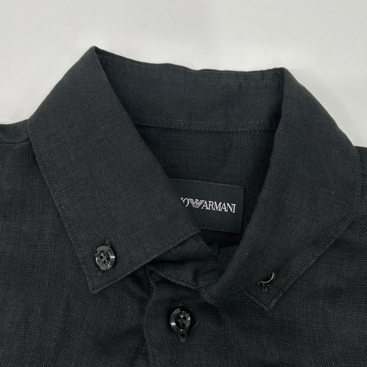 EMPORIOARMANI Emporio Armani Black Eagle Embroidered Linen Short-Sleeve Shirt Top