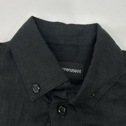 EMPORIOARMANI Emporio Armani Black Eagle Embroidered Linen Short-Sleeve Shirt Top