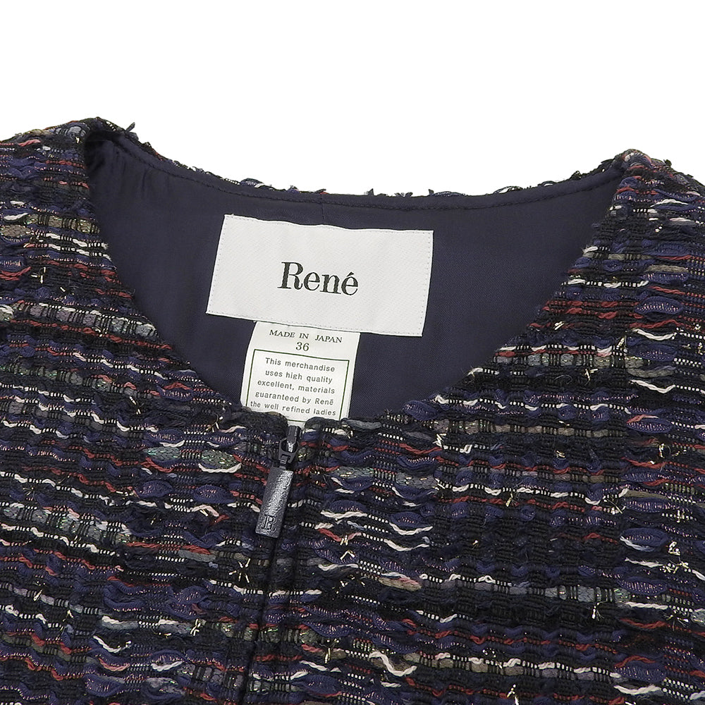 Rene ルネ 美品 マリアケント社ツイード ジップアップ ワンピース レディース ネイビー系 36 6436682 24AW ワンピース