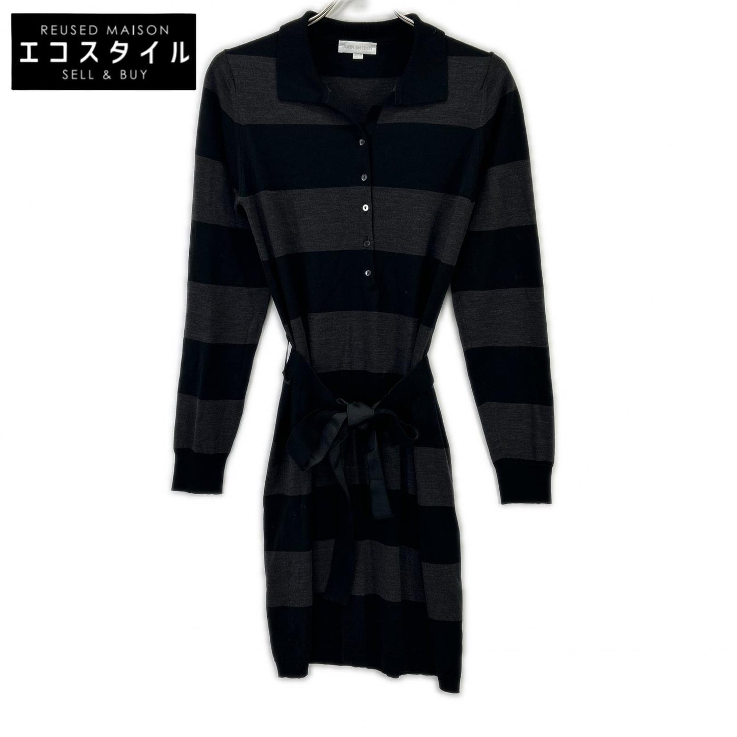 JOHN SMEDLEY ジョンスメドレー ブラック×グレーボーダー ウエストベルト ニットワンピース ワンピース
