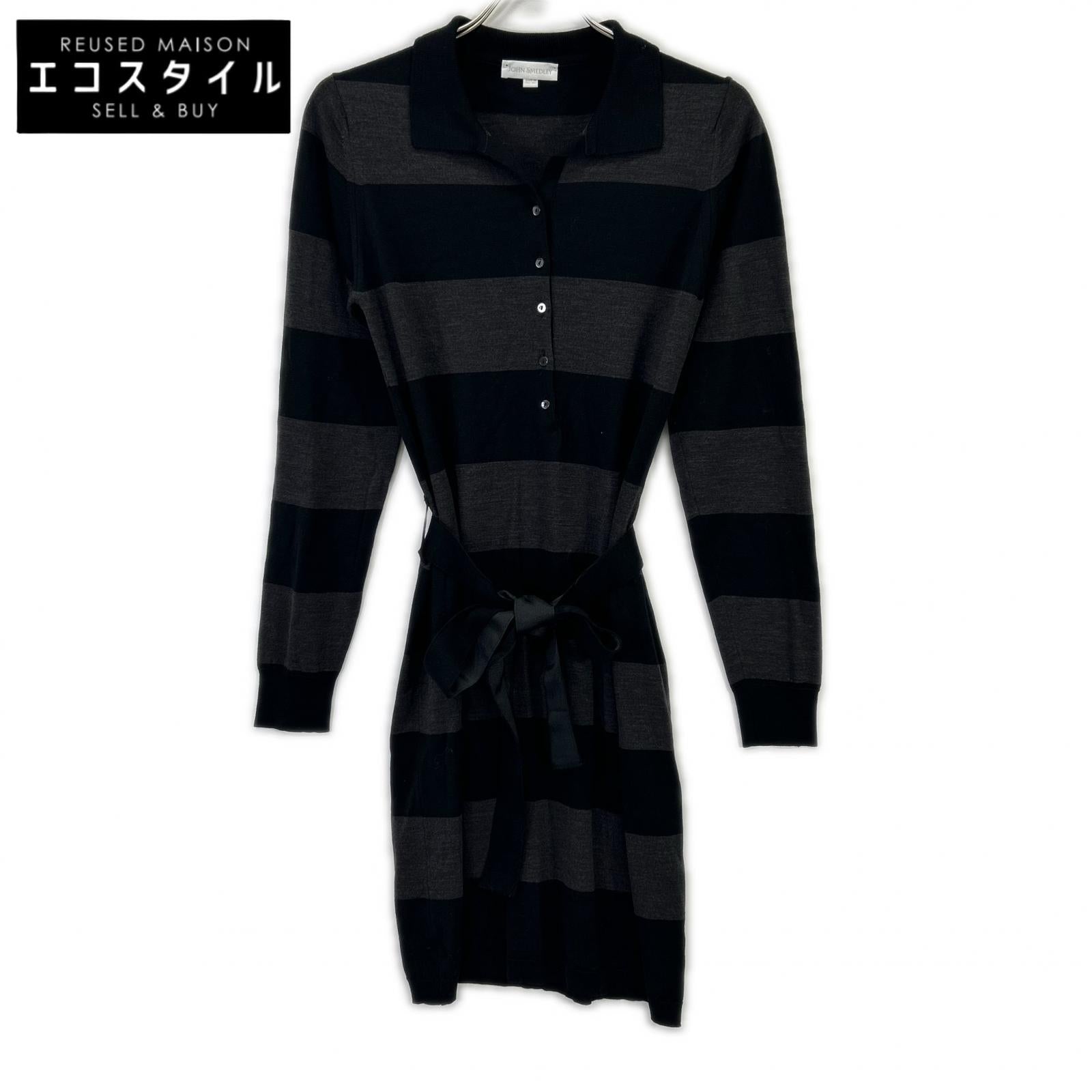 JOHN SMEDLEY ジョンスメドレー ブラック×グレーボーダー ウエストベルト ニットワンピース ワンピース