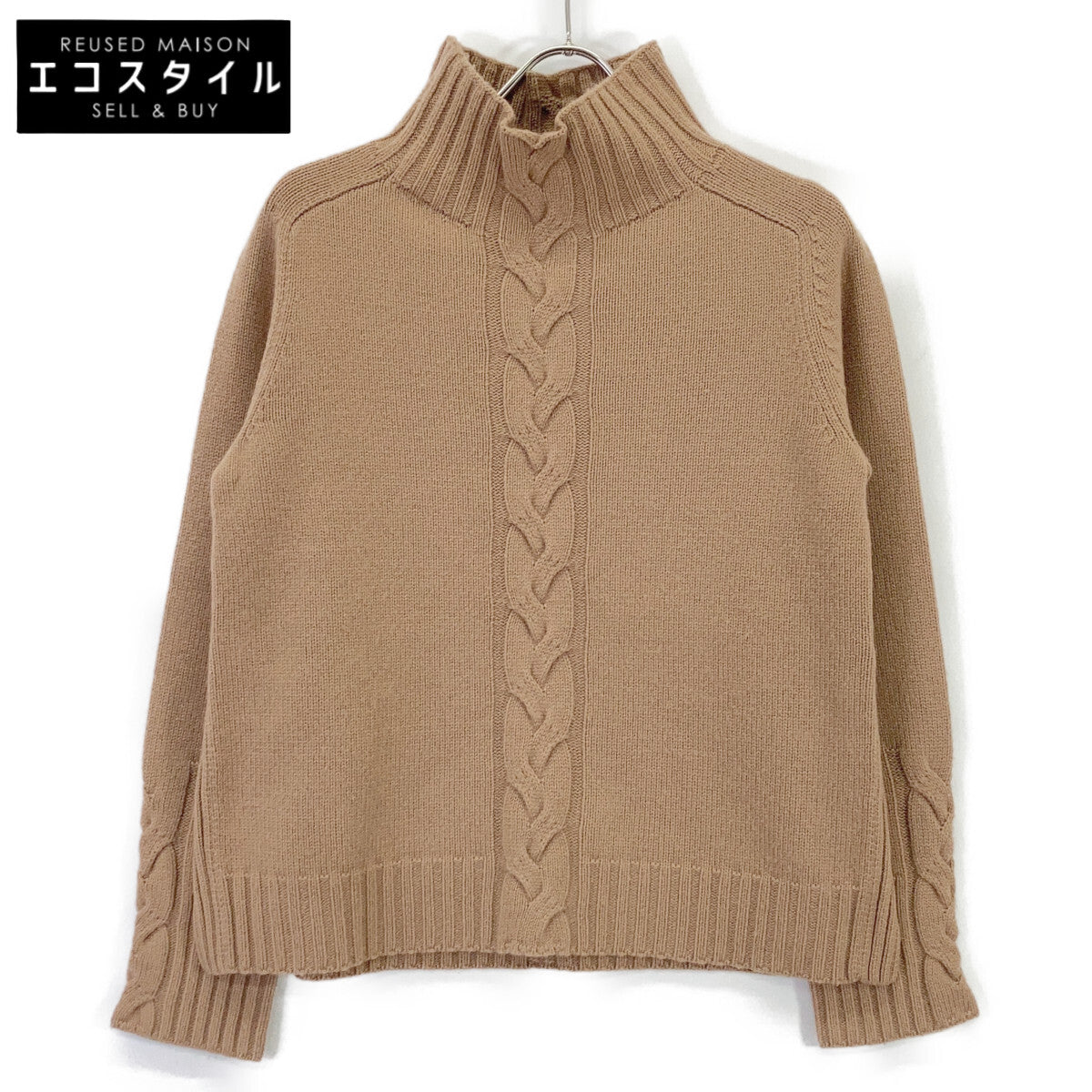 93660623 Wool-Cashmere Cable Knit High-Neck Slit Tunic Top M Ladies