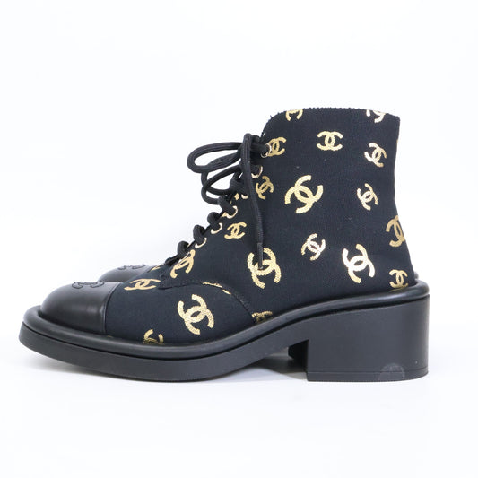 CHANEL シャネル 【美品】G39093 ココマークプリントキャンバス 裏ボア ショートブーツ シューズ