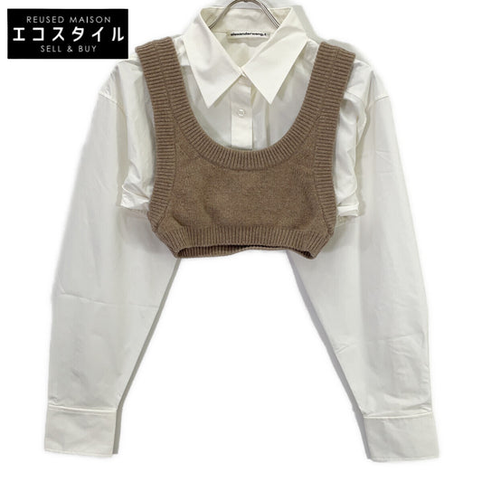 T by ALEXANDER WANG ティーバイアレキサンダーワン ホワイト×ブラウン 4KC3231011 ニットドッキング クロップドシャツ トップス