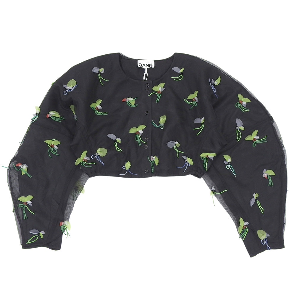 GANNI ガニー 新品同様 ボタニカルモチーフ クロップド シアージャケット レディース ブラック 32 F7572 ジャケット 32