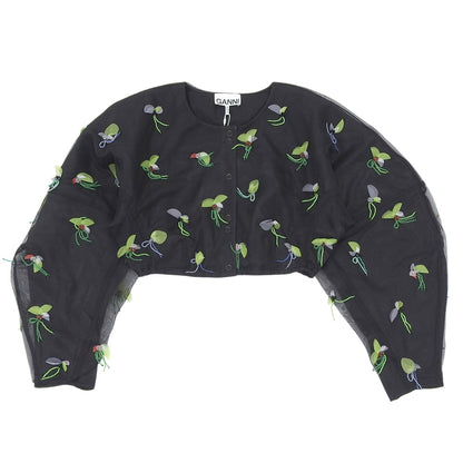 GANNI ガニー 新品同様 ボタニカルモチーフ クロップド シアージャケット レディース ブラック 32 F7572 ジャケット 32