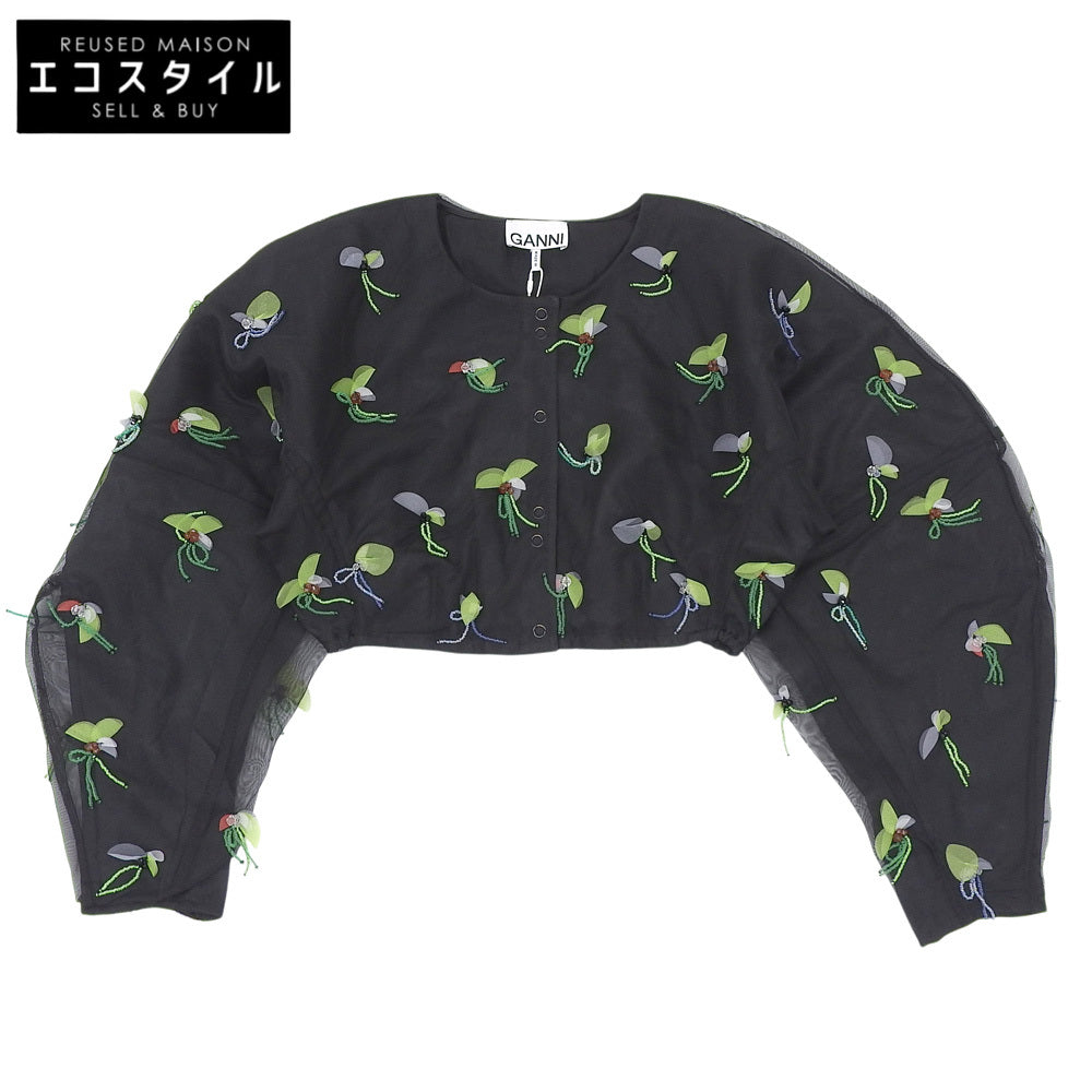 GANNI ガニー 新品同様 ボタニカルモチーフ クロップド シアージャケット レディース ブラック 32 F7572 ジャケット 32