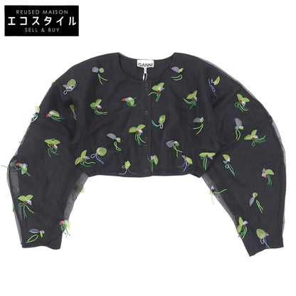 GANNI ガニー 新品同様 ボタニカルモチーフ クロップド シアージャケット レディース ブラック 32 F7572 ジャケット 32