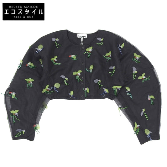 GANNI ガニー 新品同様 ボタニカルモチーフ クロップド シアージャケット レディース ブラック 32 F7572 ジャケット 32