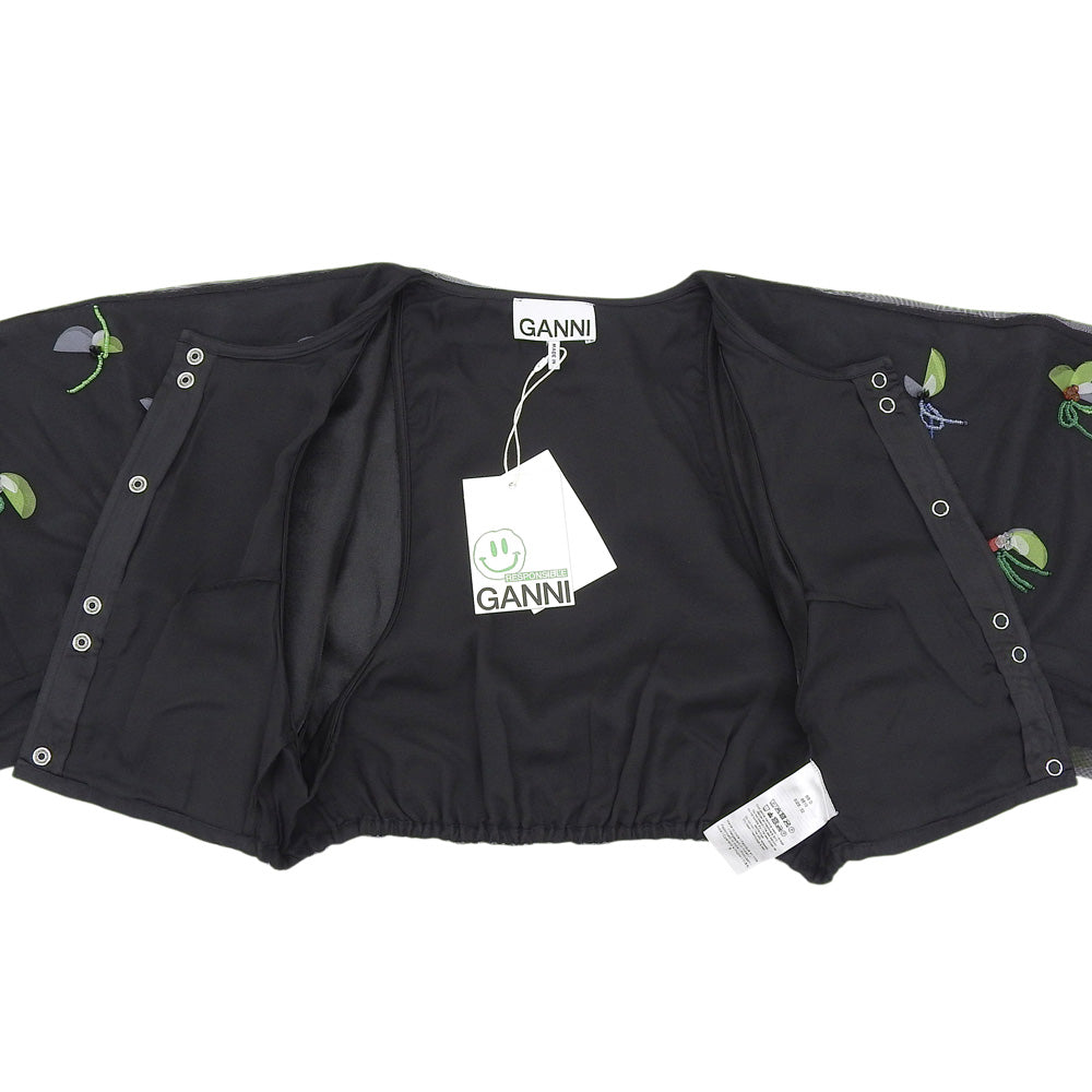 GANNI ガニー 新品同様 ボタニカルモチーフ クロップド シアージャケット レディース ブラック 32 F7572 ジャケット 32
