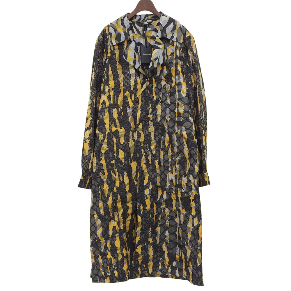Class Roberto Cavalli クラスロベルトカヴァリ 新品同様 総柄 ナイロン ベルト付き ロングコート メンズ ブラック イエロー グレー 48 コート 48