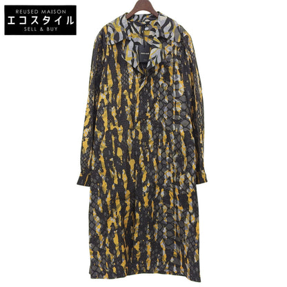 Class Roberto Cavalli クラスロベルトカヴァリ 新品同様 総柄 ナイロン ベルト付き ロングコート メンズ ブラック イエロー グレー 48 コート 48