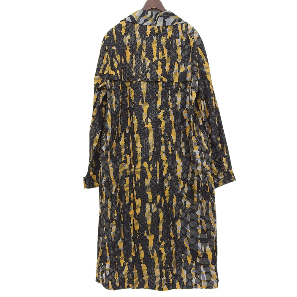 Class Roberto Cavalli クラスロベルトカヴァリ 新品同様 総柄 ナイロン ベルト付き ロングコート メンズ ブラック イエロー グレー 48 コート 48