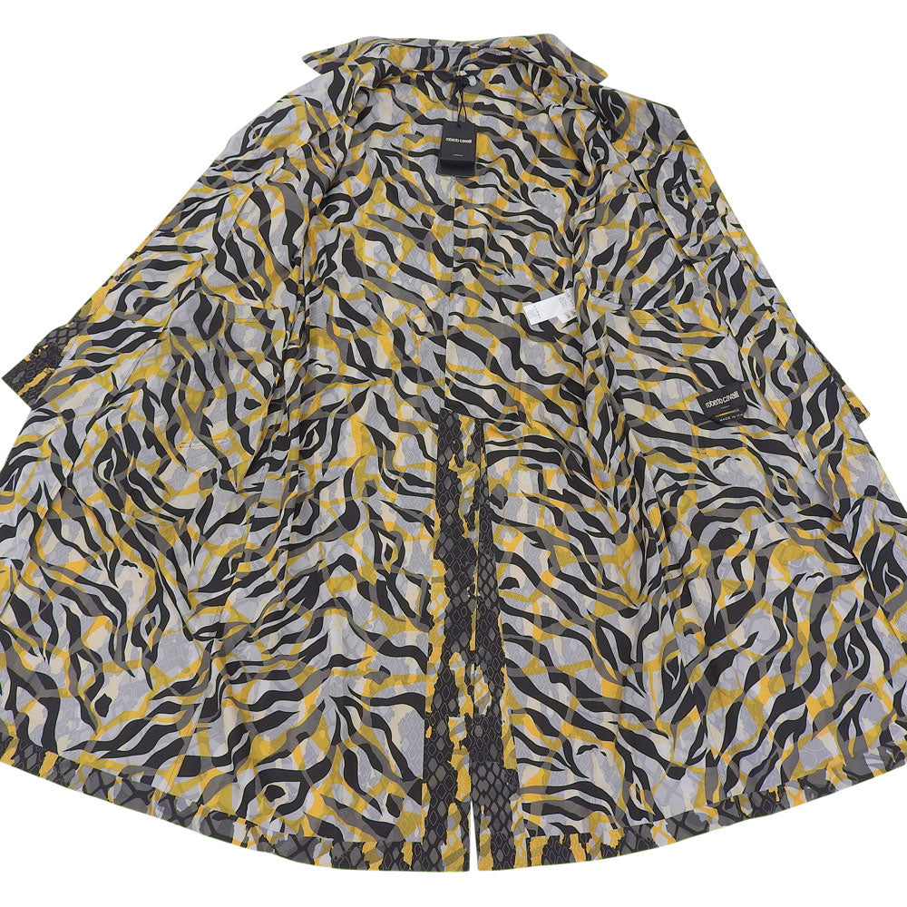 Class Roberto Cavalli クラスロベルトカヴァリ 新品同様 総柄 ナイロン ベルト付き ロングコート メンズ ブラック イエロー グレー 48 コート 48