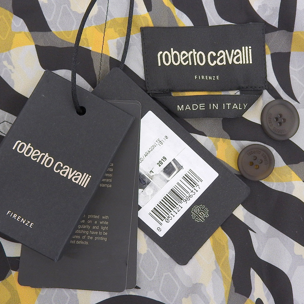 Class Roberto Cavalli クラスロベルトカヴァリ 新品同様 総柄 ナイロン ベルト付き ロングコート メンズ ブラック イエロー グレー 48 コート 48
