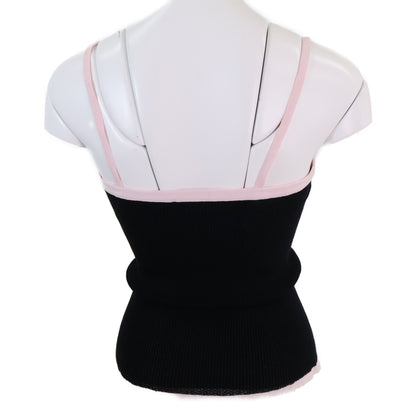 CHANEL シャネル 美品 国内正規 22SS P72250K10403 ラインストーンココマーク＆獅子ボタン ボウ コットンリブニットノースリーブキャミソール トップス