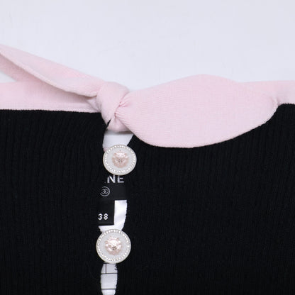 CHANEL シャネル 美品 国内正規 22SS P72250K10403 ラインストーンココマーク＆獅子ボタン ボウ コットンリブニットノースリーブキャミソール トップス