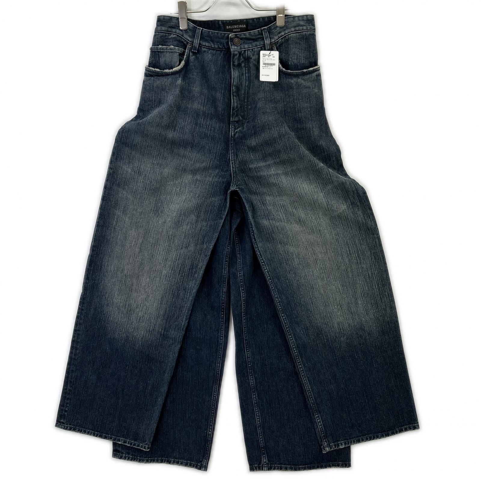 BALENCIAGA 23AW 767979 TNW65 Blue Double Front Wide Leg Jeans Bottoms