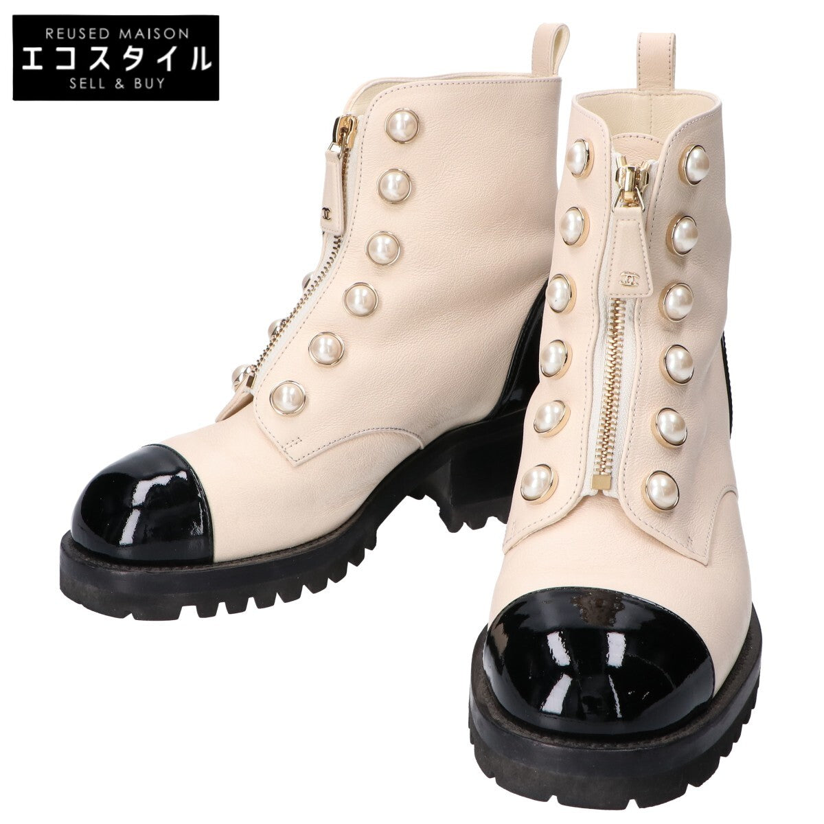 CHANEL G45183 Pearl Coco Mark Patent Leather Short Boots Shoes