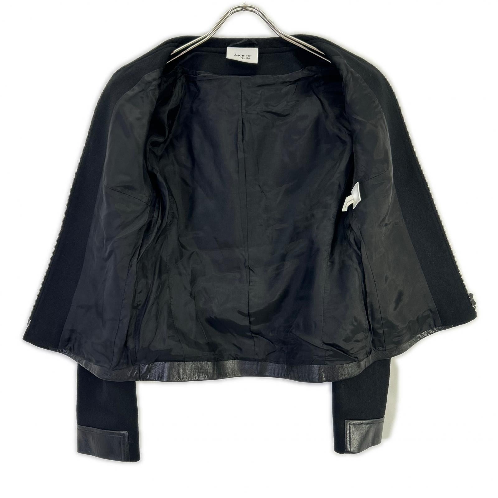AKRIS アクリス ブラック ウール×レザー ブルゾン ジャケット