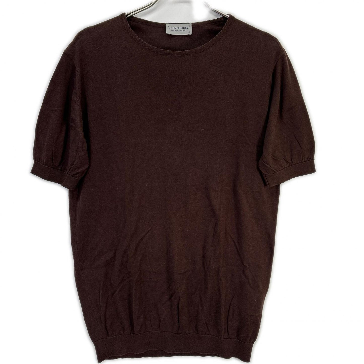 JOHN SMEDLEY ジョンスメドレー イギリス製 ブラウン コットン100 クルーネックリブニット トップス