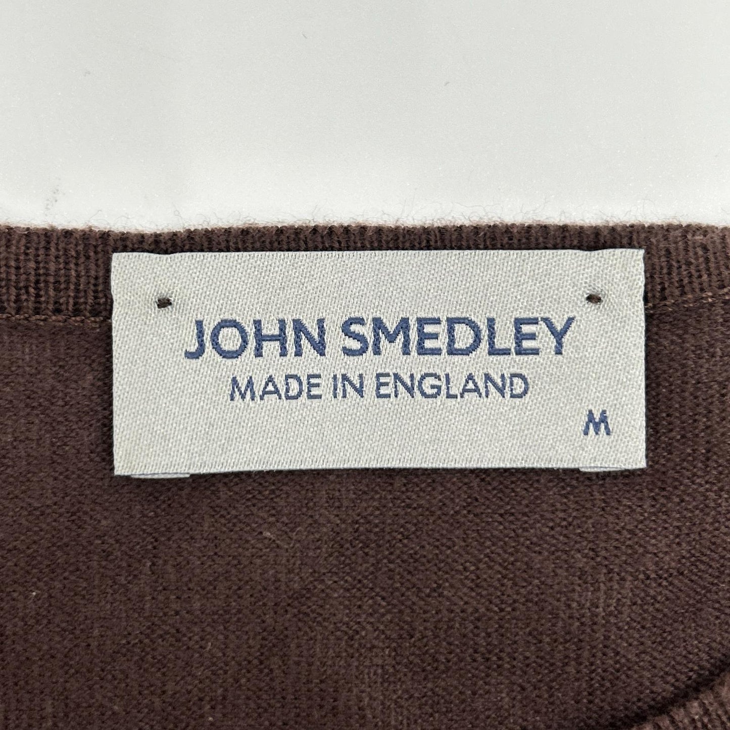 JOHN SMEDLEY ジョンスメドレー イギリス製 ブラウン コットン100 クルーネックリブニット トップス