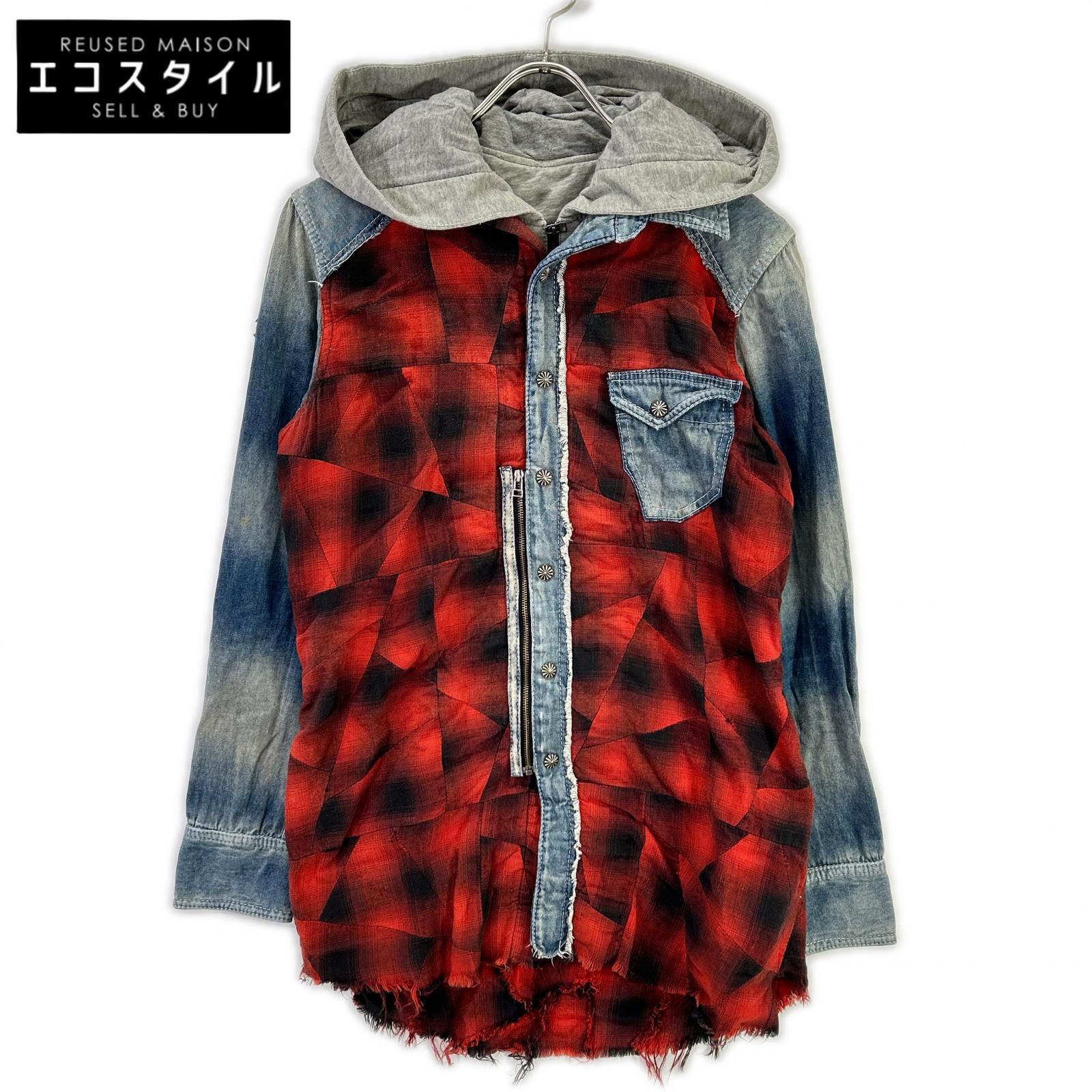 14th Addiction フォーティーンスアディクション レッド フード付き チェックシャツ トップス